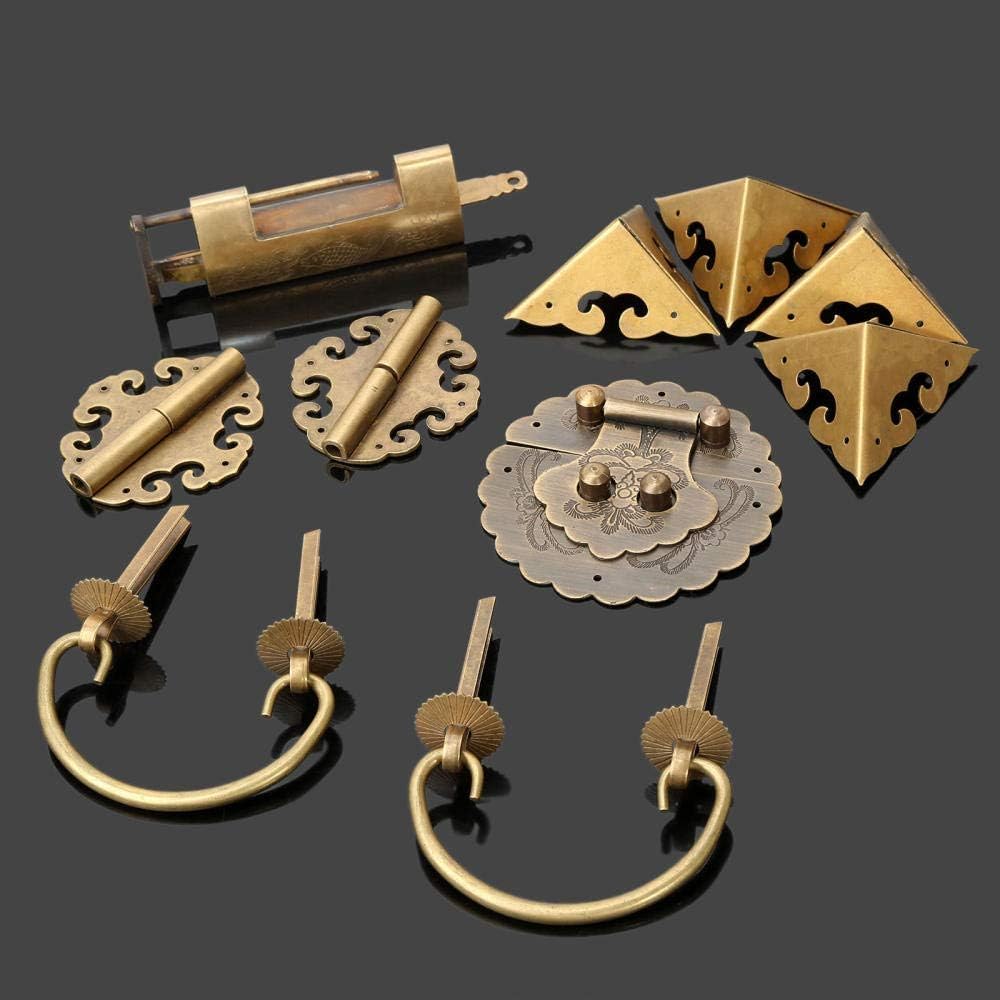 Bisagras de puerta Bisagras a tope Juego de herrajes for muebles de latón puro antiguo Pomos y manijas de caja de madera + Bisagras + Pestillo + Cerradura + Pasador en forma de U + Protector de esquin