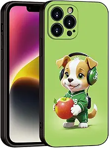 Charming Cartoon Dog for iPhone 15 pro max Case - Playful Pup in Green Headphones & Sporty Outfit Holding Apple | Trendy Slim Protection for Girls & Women & Teens, (B1-Cartoon Cute Dog)