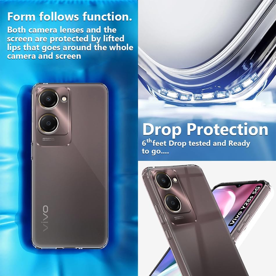 Image of Fashionury Crystal Clear Case for Vivo Y28s 5G | Yellowing Resistance | Transparent TPU Silicone | Raised Camera Lips | Slim Transparent Cover