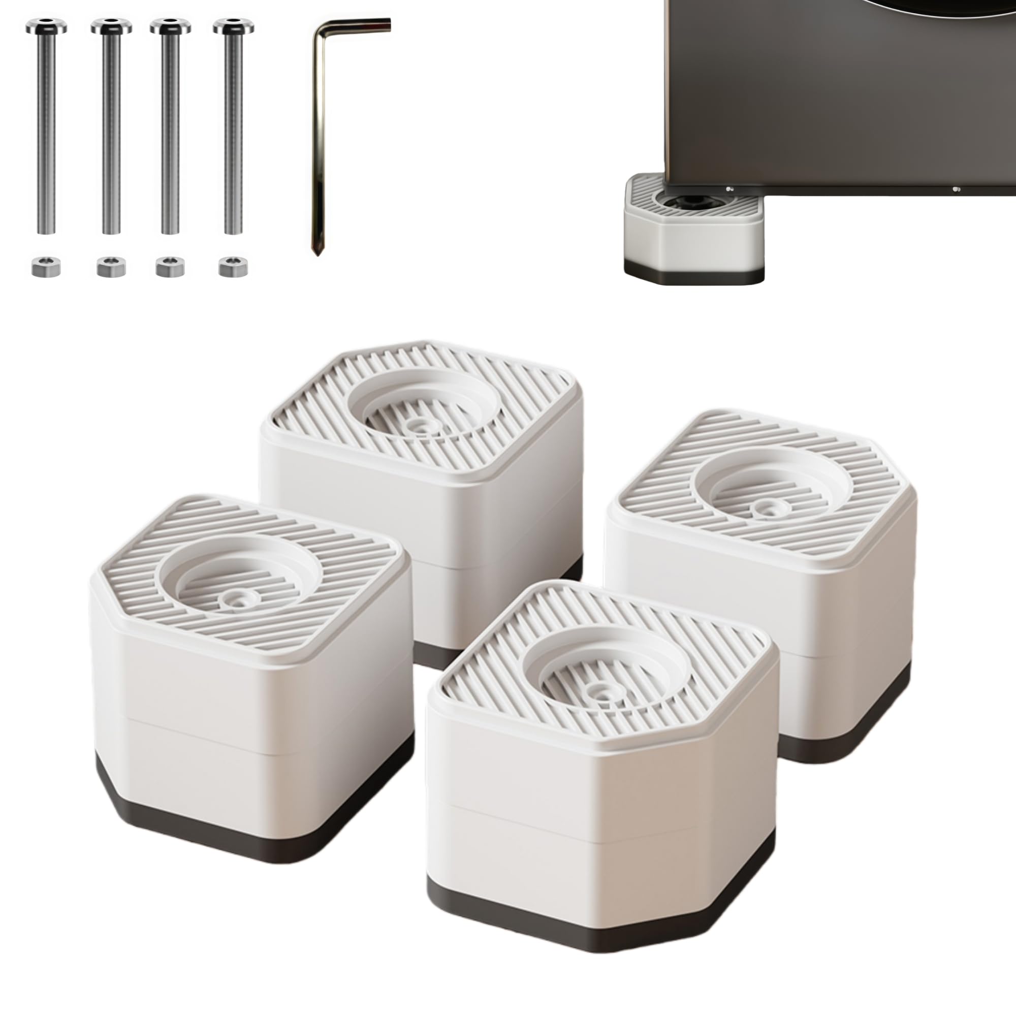 洗濯機かさ上げ台 底上げ 防振ゴム 高さ調節 振動吸収 異音吸収 洗濯機用防振かさ上げ台 滑り止め 床傷防止 水たまり防止 取り外し可能 自由に組み合わせ 嵩上げ 耐荷重約500kg 洗濯機・乾燥機・冷蔵庫用置き台 高さ45mm/75mm/105mm 4個入り（ホワイト,2段）