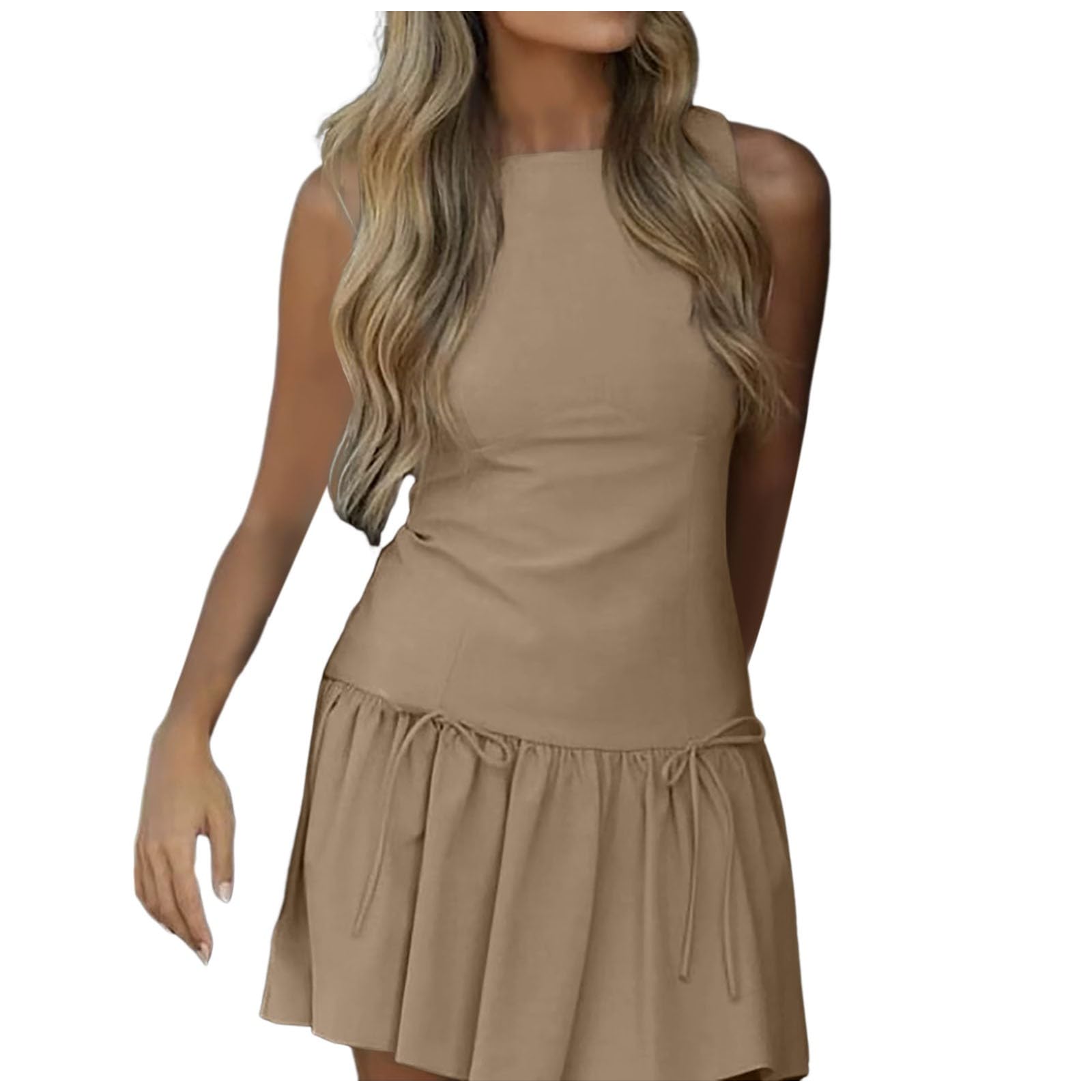 Categoría de producto Vestido Casual Mujer - Vestido de mujer con detalle plisado Cinturón Corte A Línea Liso Cuello Redondo Cremallera Espalda Mini Vestido