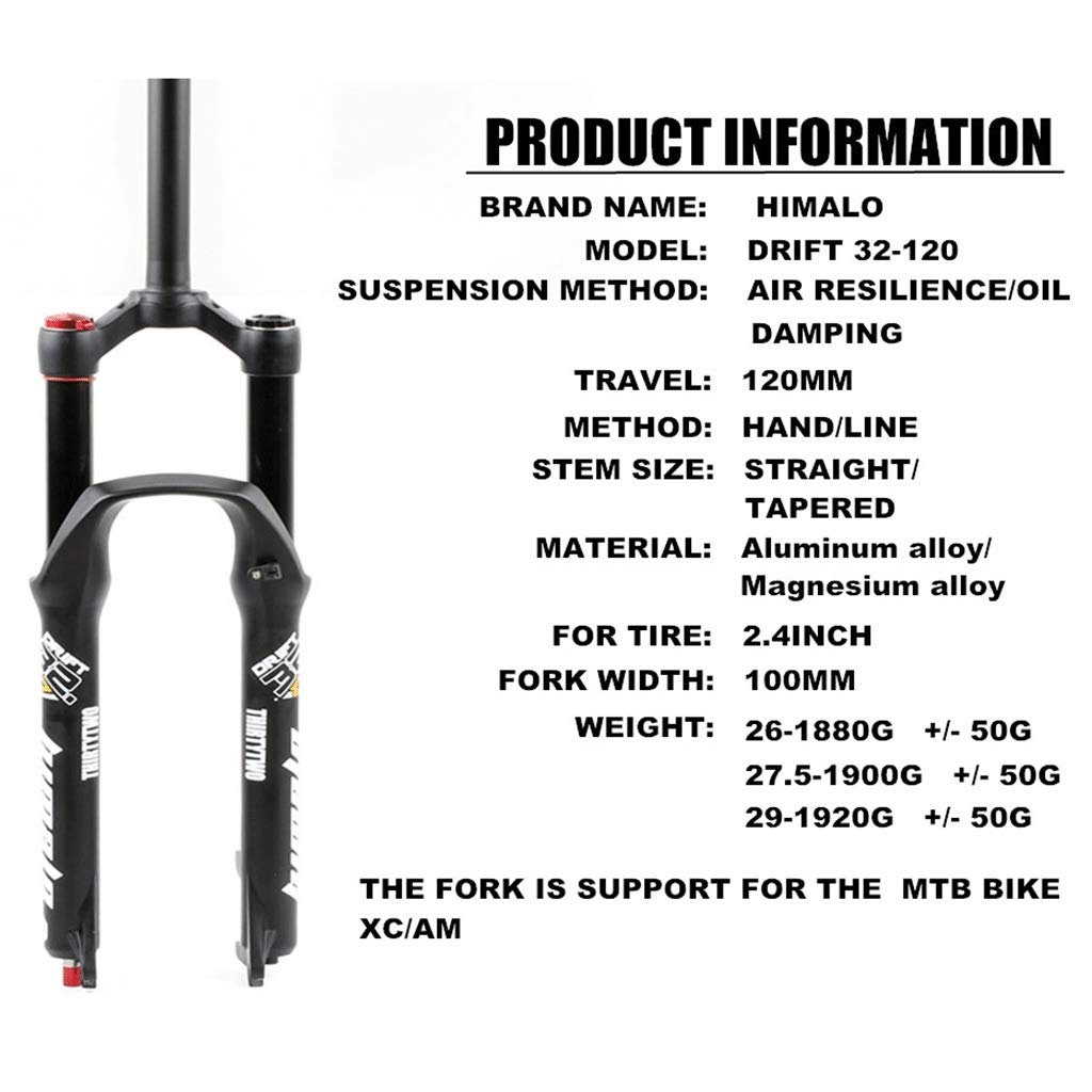 Widelec amortyzowany MTB 26/27,5/29" zawieszenie pneumatyczne, szerokość piasty przedniej 100 mm, rura stożkowa 1-1/2", hamulec tarczowy QR 9 mm