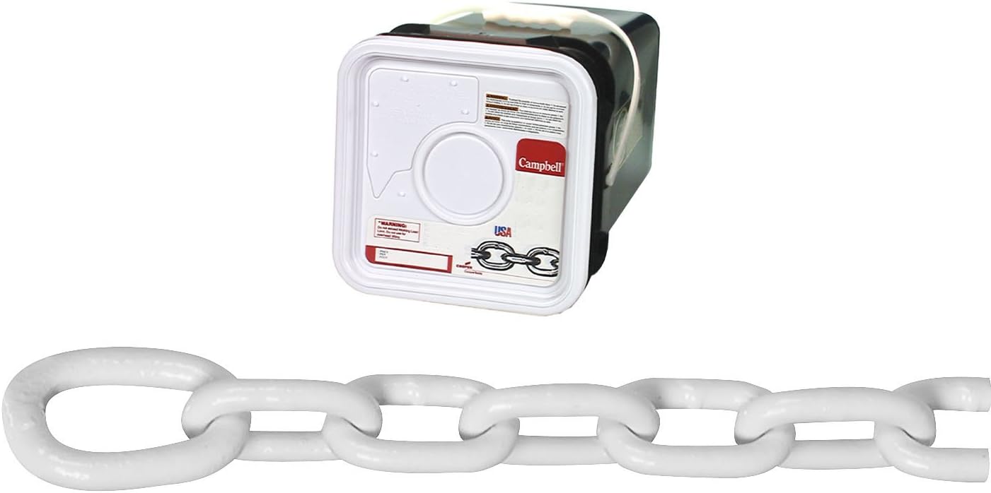 Campbell 0200356 System 3 Grade 30 Low Carbon Steel Proof Coil Anchor Lead Chain in Square Pail, Galvanized with Polycoated, 5/16" Trade, 0.31" Diameter, White, 75' Length, 1900 lbs Load Capacity