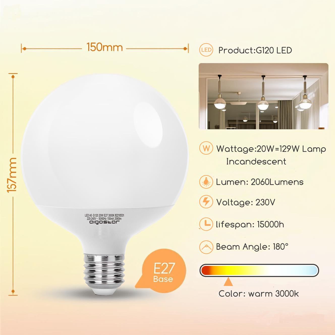 Aigostar Lampadina LED E27 G120 20W (Equivalente a 129W), Blanc Chaud 3000K, 2060 Lumen, CRI＞80, Angolo del Fascio di 180 Gradi, Non Dimmerabili, Pacco da 3