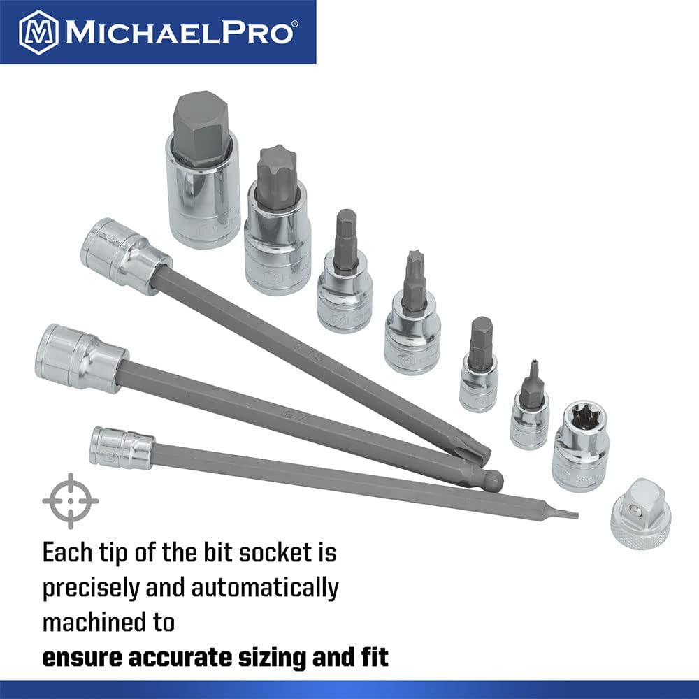 MichaelPro 86-Piece Master Torx and Hex Socket Set, 1/4", 3/8", 1/2" Drive SAE and Metric, Hex/Torx/Tamper Proof/Long Socket/E-Sockets, Adaptors, Mechanic Tool Set with Storage Case
