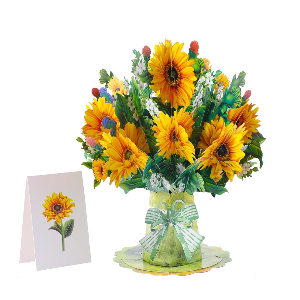 Pop Up Paper Flowers Greeting Card, 3D Sunflower Bouquet, Birthday Gifts for Mum Grandma Wife Daughter Girl Sister