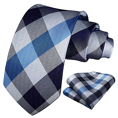 Image of HISDERN Ties for Men Formal Business Plaid Checked Mens Ties and Pocket Square Set Classic Wedding Necktie Handkerchief
