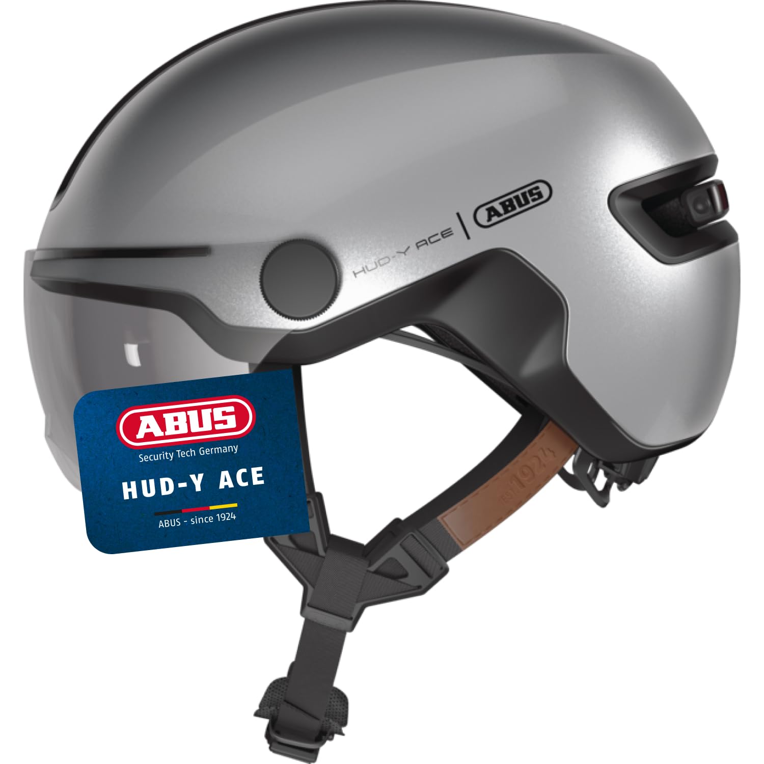 – ABUS HUD-Y ACE city helmet - stylish bike helmet with visor and magnetic, rechargeable rear LED light - for men and women