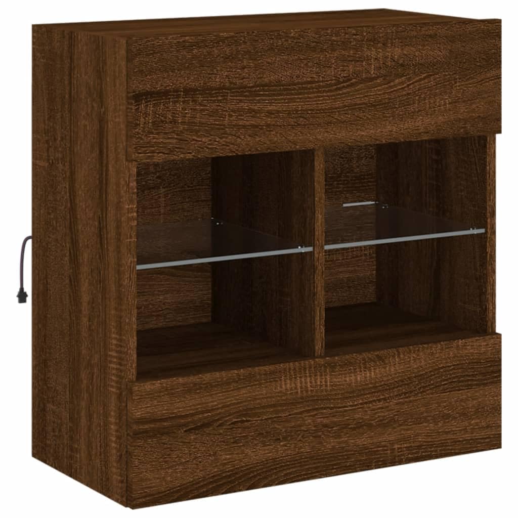 Wandmontage TV Meubel met LED Verlichting, Eikenbruin, 58,5x30x60,5 cm, Zwevende Tv Kast met Opbergramte, Multifunctioneel, voor Woonkamer en Slaapkamer