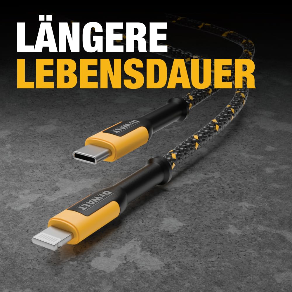 DEWALT Heavy Duty 2er-Pack USB-C zu Lightning Kabel 1,2 m, Apple MFi Zertifiziertes iPhone Schnellladekabel, Kompatibel mit iPhone 14/13/12/11/Pro Max/XR/XS/8