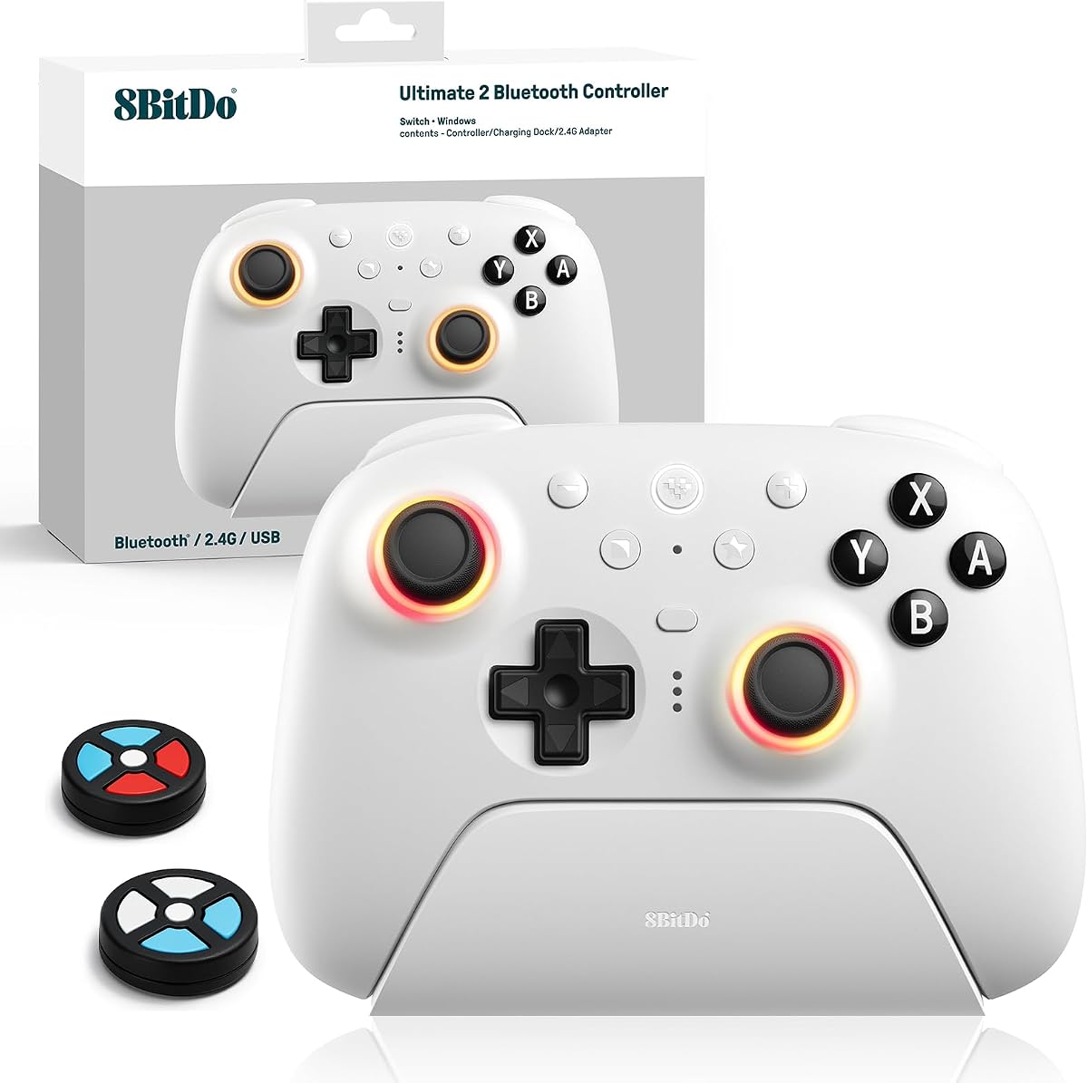 8Bitdo Ultimate 2 Bluetooth Controller TMR Joysticks (White) | for Switch/Switch 2 & Windows PC, RGB Fire Ring, Switchable Hall Effect/Tactile Triggers, Vibration & Motion Control