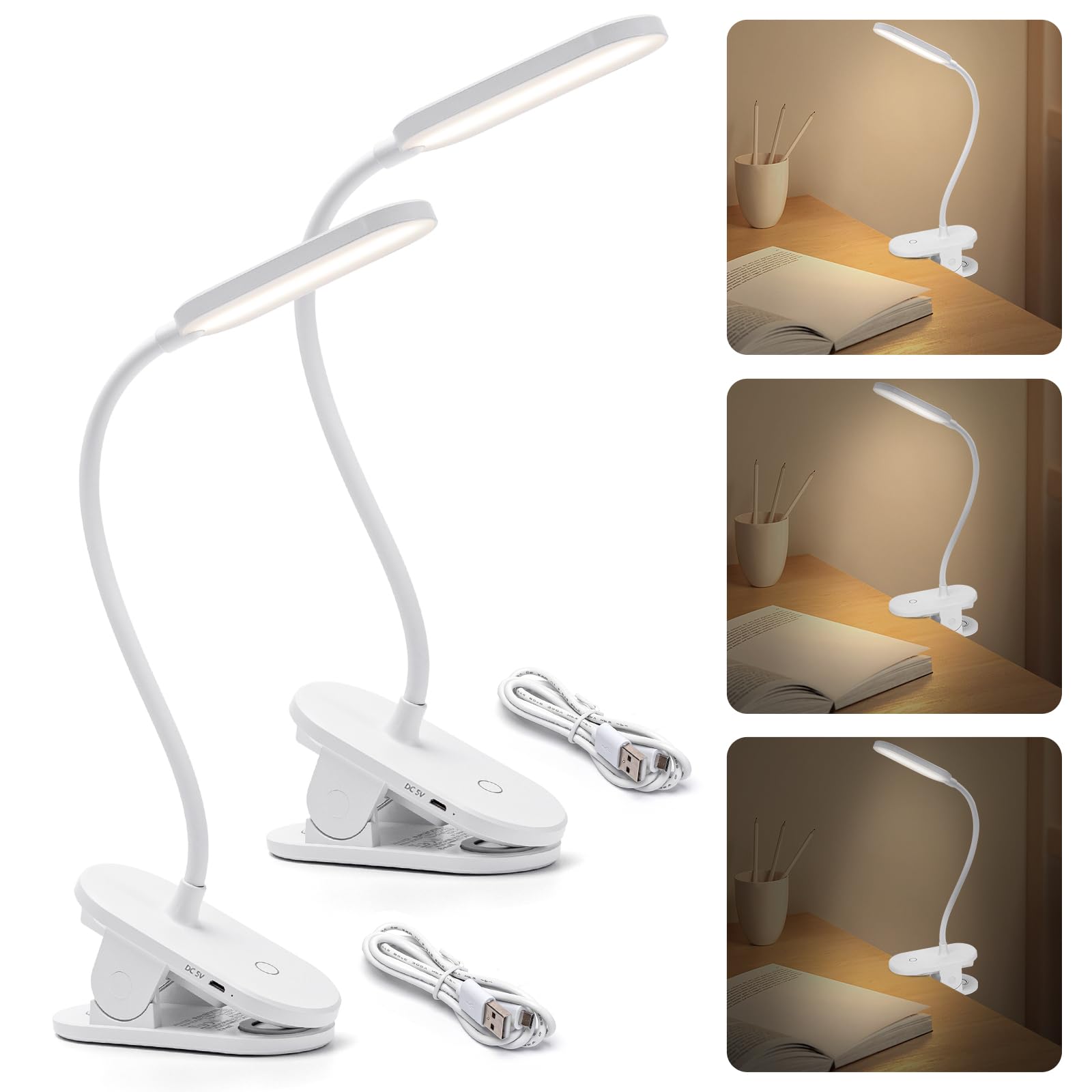 Aigostar Luz Lectura,Lámpara Lectura Pinza con 360° Brazo Flexible Regulable, Luz de Cama con Clip,3 Modos,Recargable Usb Flexo Led Escritorio 4000K Protección Ojos Colors, Blanco, 2pcs