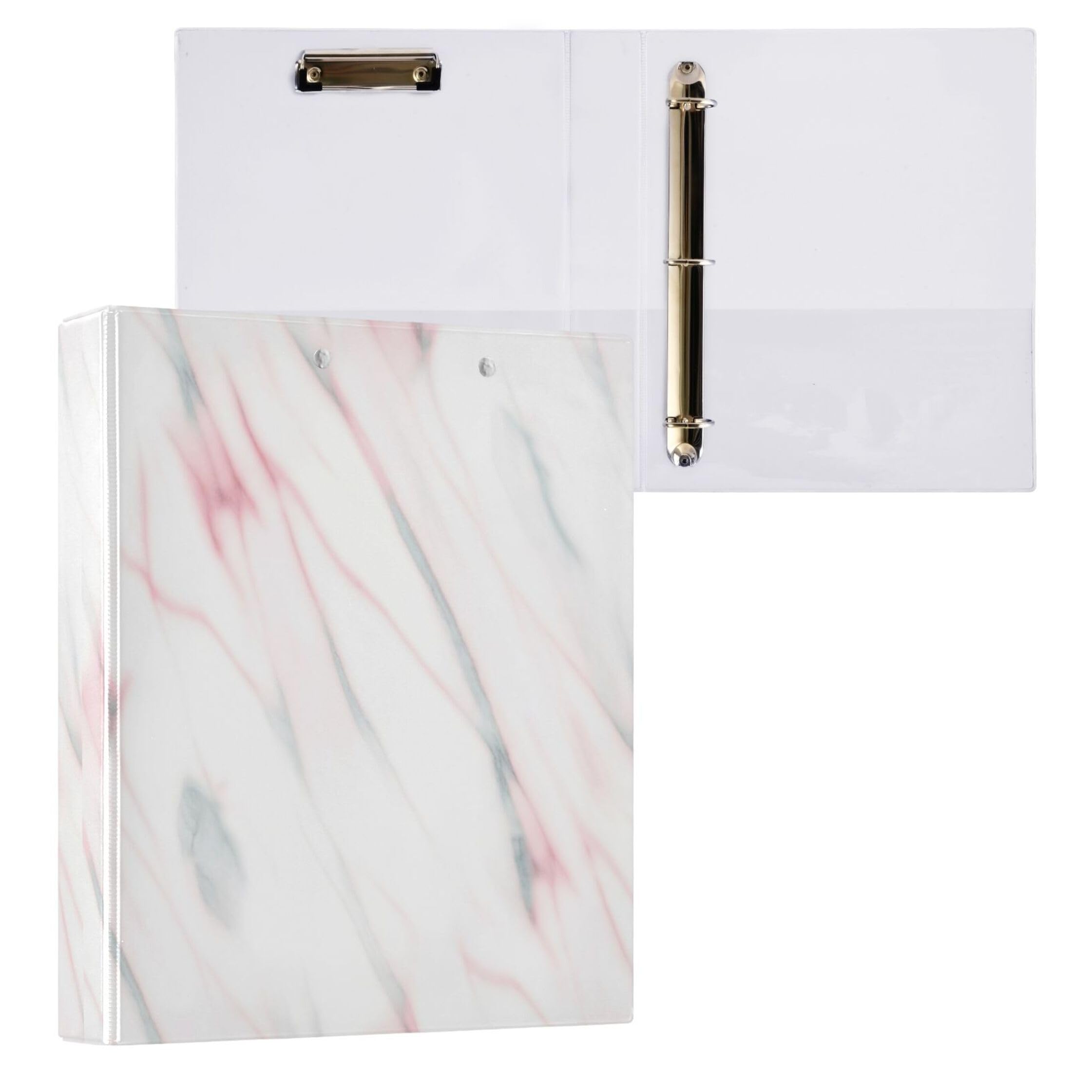 Raccoglitori personalizzati in marmo bianco rosa chiaro da 3,8 cm, 3 anelli, 200 fogli, raccoglitori ad anelli rotondi, 31,5 x 27 x 6 cm, confezione da 2