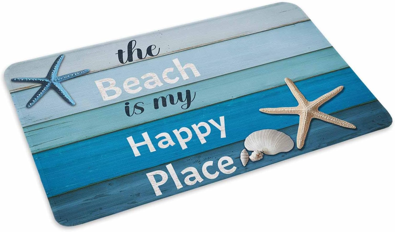 Vandarllin Beach Themed Doormats Kitchen Rugs-The Beach is My Happy Place - Plank Board Sign with Starfish Non-Slip Indoor/Outdoor/Front Door/Bathroom Mats 23.6 x 15.7 Inch