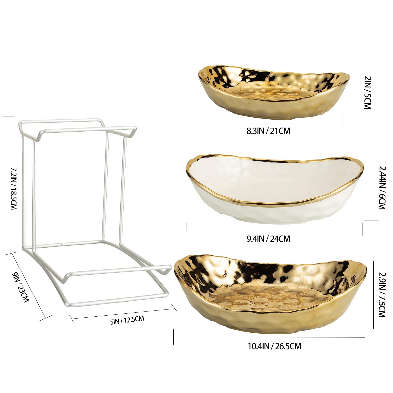 jessie Corbeille à fruits en céramique à 3 niveaux pour comptoir de cuisine avec support en métal, bols à fruits avec support, bols en porcelaine pour fruits, légumes, pain, bonbons, casse-croûtes,