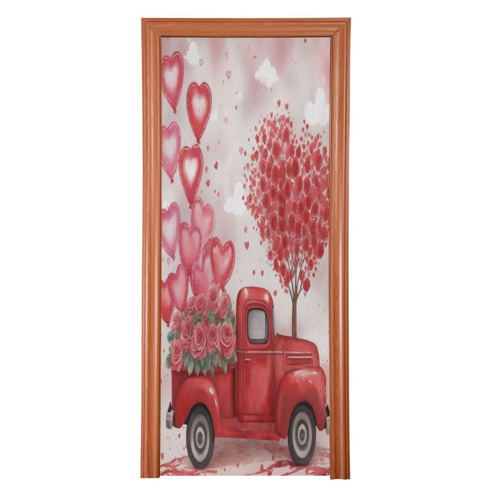 FLildon Romantic Heart Balloons Truck Valentine's Day Door Cover Decoration, Party Accessory Porch Decor for Festive Ornament Room Door Covers 35 x 79 Inch