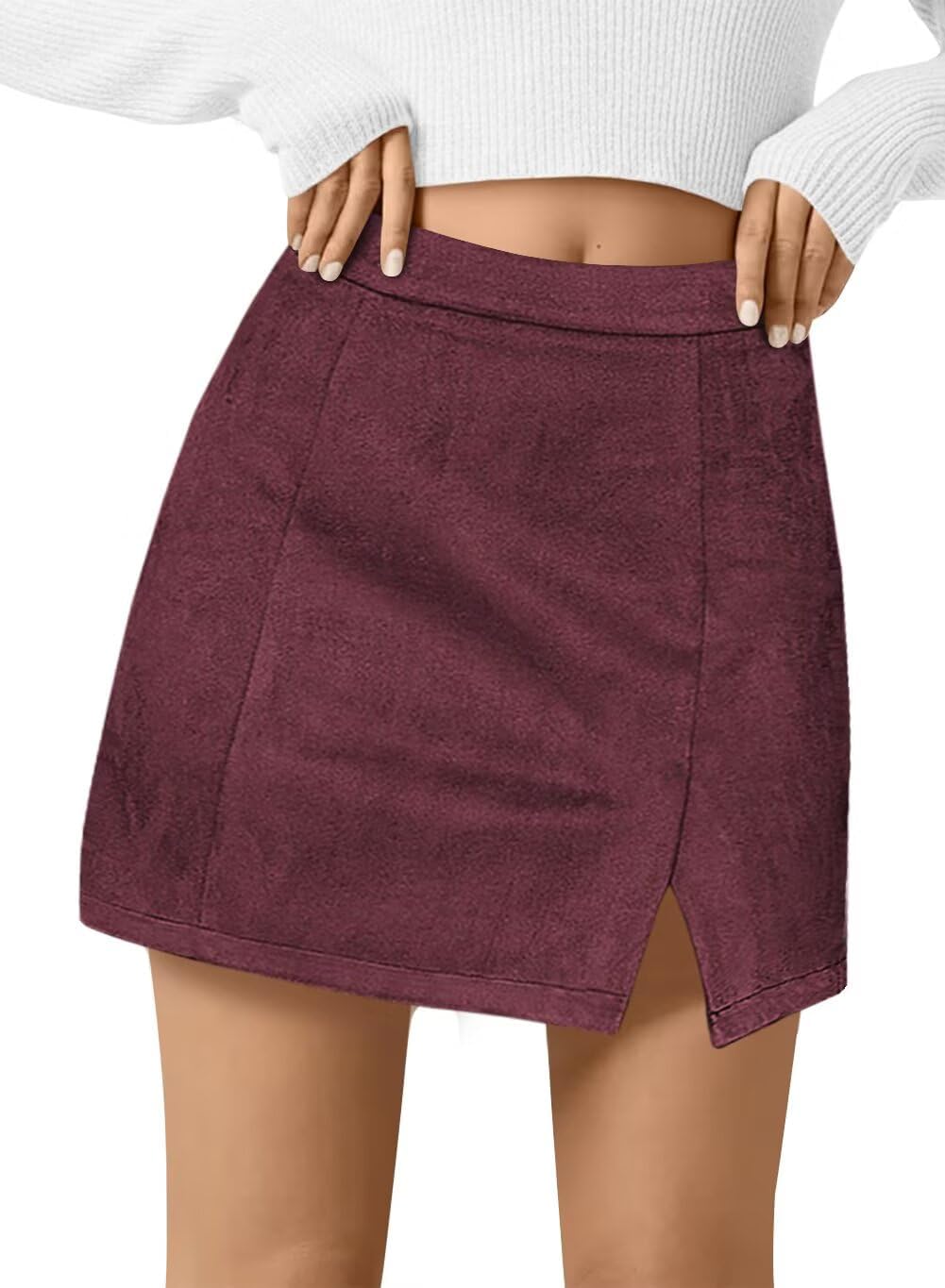 JPGLOV Womens Faux Suede Short Skirts Zipper High Waist Bodycon A-Line Side Split Mini Skirt