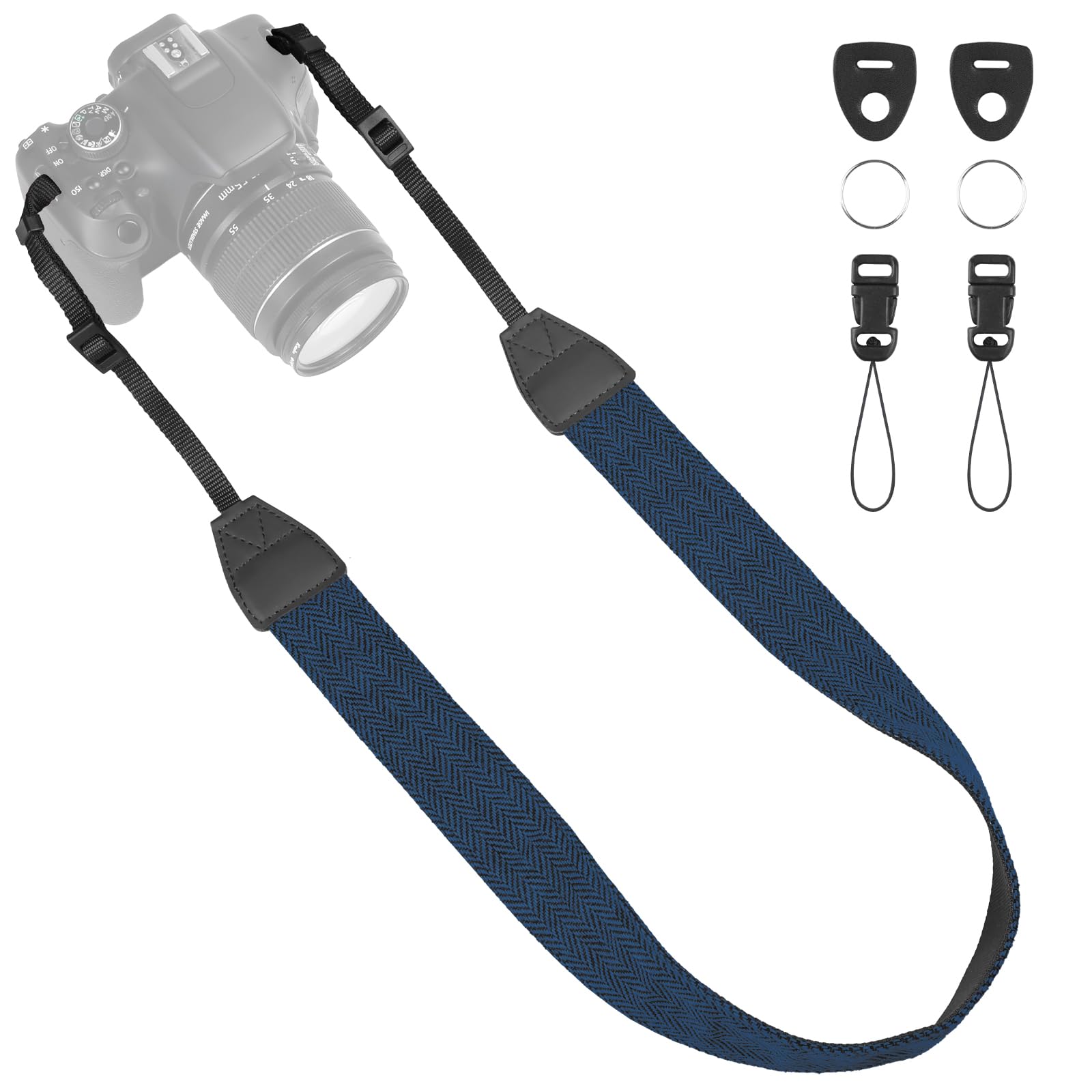 Universal Camera Strap - Camera Neck Strap, Adjustable Shoulder Straps Compatible with Canon, Fujifilm, Nikon, Olympus, Panasonic and other SLR and mirrorless cameras - Blue and Black Stripes