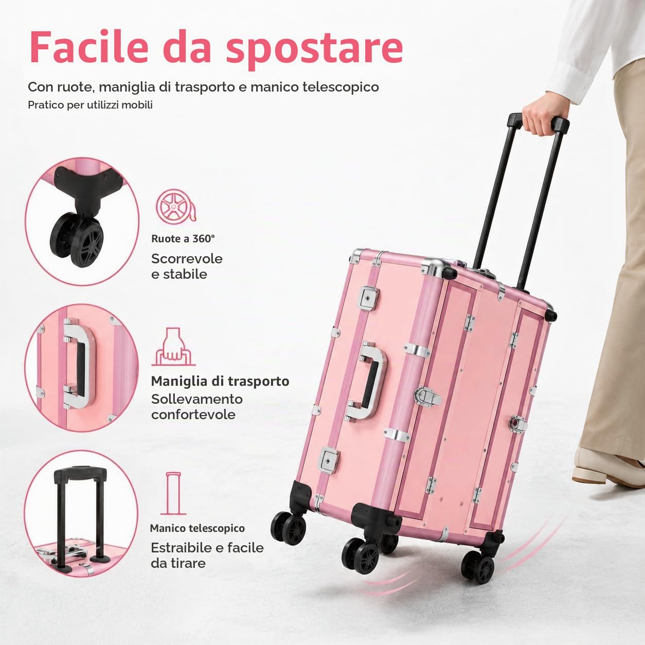 Rolling Makeup Train Case, valigetta per cosmetici in alluminio con luci da specchio, grande trolley per trucchi, organizer per unghie, Colore: rosa., Trolley valigetta cosmetica