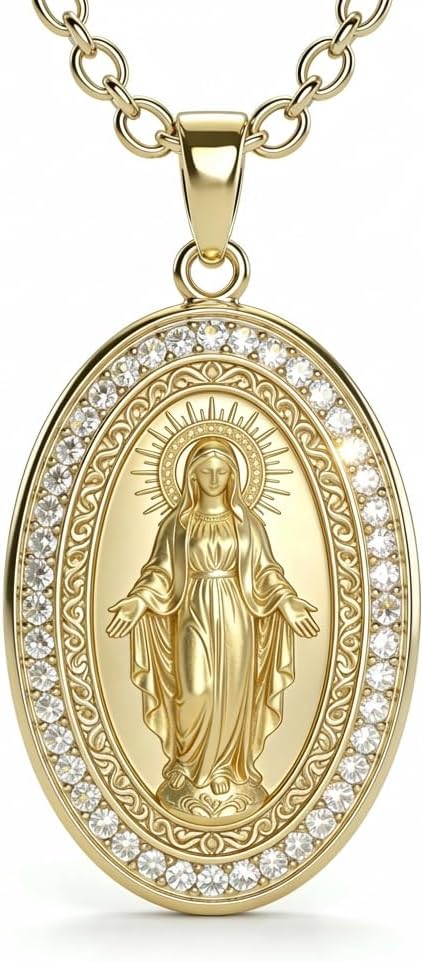 Gold Plated S925 Sterling Silver Medal Necklace for Women, Blessed Mother Virgin Mary Pendant with CZ, Catholic Mary Necklace Jewelry Gift