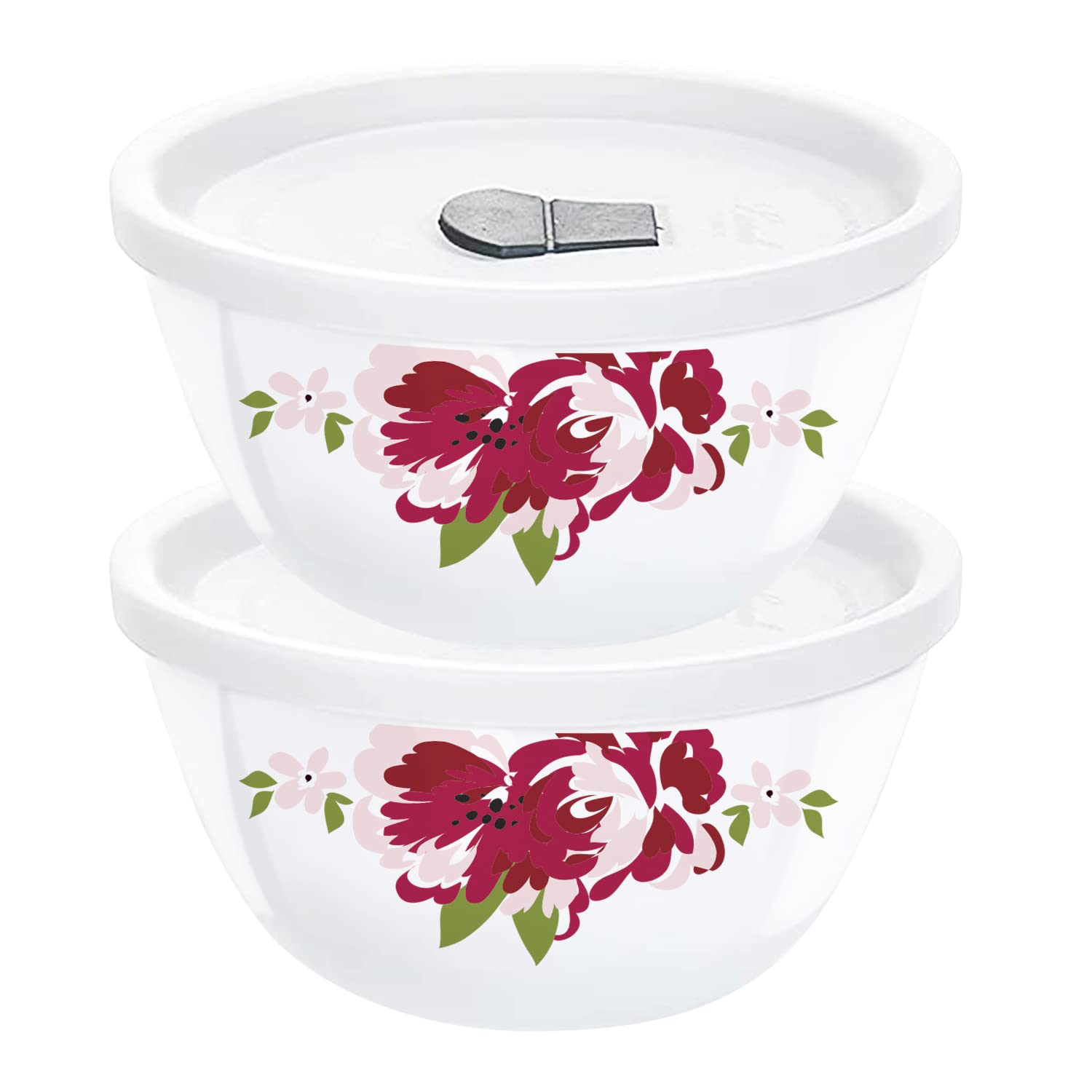 Larah By Borosil Opalware Microwave Safe Rose Red Mixing and Serving Solid Bowl with Lid (White, 1000 ml Each) - Set of 2 (B097F2NVKH) Amazon Price History, Amazon Price Tracker