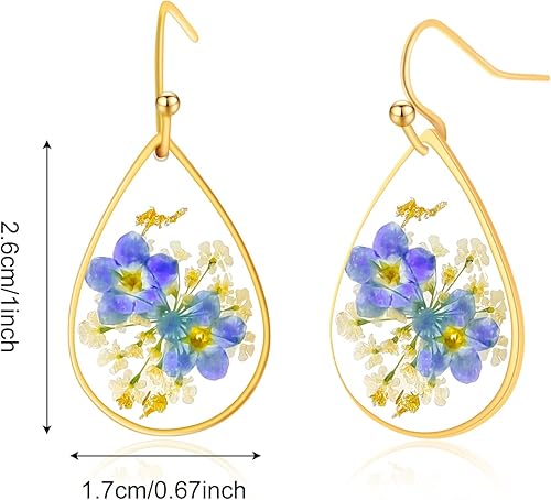 Miniatura 6 de Pressed Flower Earrings,Handmade Pressed Forget-me-not Flower Earrings for Women,Unique Resin Drop Dangle Plant Earrings Dry Flowers,perfect for