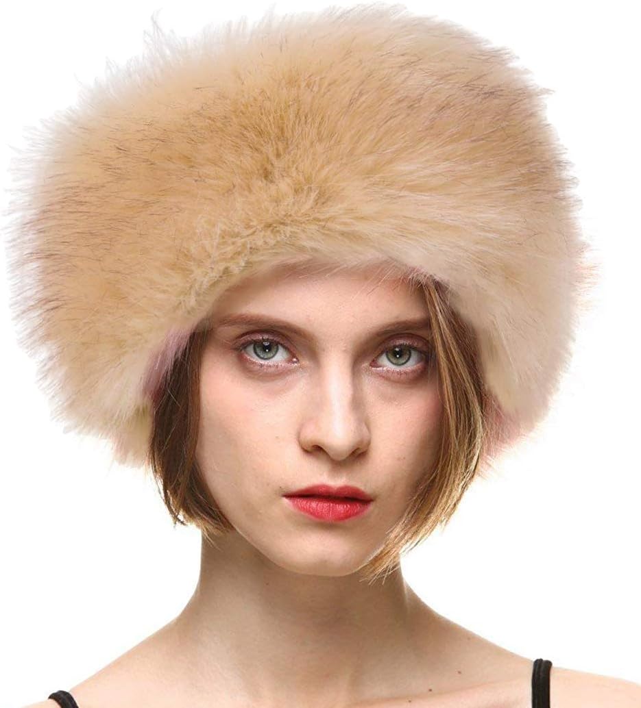 FHQHTH Faux Fur Headband with Elastic for Women Winter Earwarmer Ski Cold Earmuff (Beige)