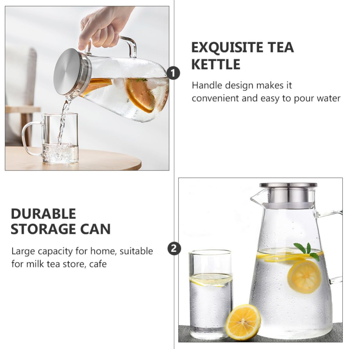 Jarra de Asa de Agua de Vidrio Fría Acero Inoxidable y 1500ml Diseño Cómoda Gran Capacidad para Uso en Casa y Tienda de Té