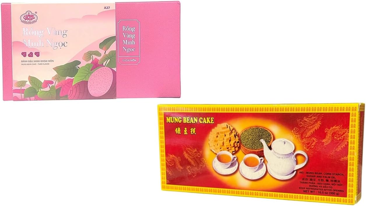 Combine Taro Mung Bean and Green Mung Bean Cakes - Ket Hop Banh Dau Xanh Khoai Mon va Banh Dau Xanh - 2 Boxes per Order included One Box of Taro Mung Bean and One Box of Green Mung Bean