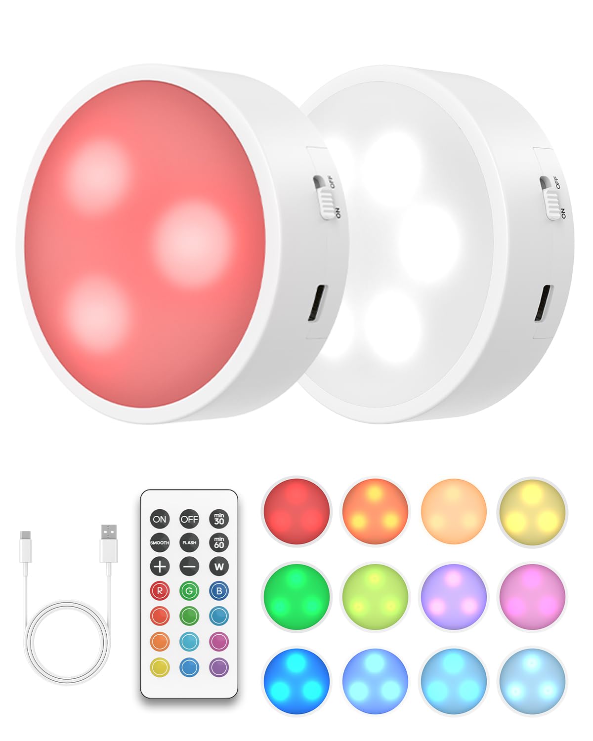 GOODEA.fun Kabellose Schrankbeleuchtung - Aufladbare 3 RGBW Puck Lights mit Fernbedienung Timer - 13 Farben Dimmbare LED Unterbauleuchten -Magnetisch Akku Schrankleuchten Vitrinenbeleuchtung, 2 Stück