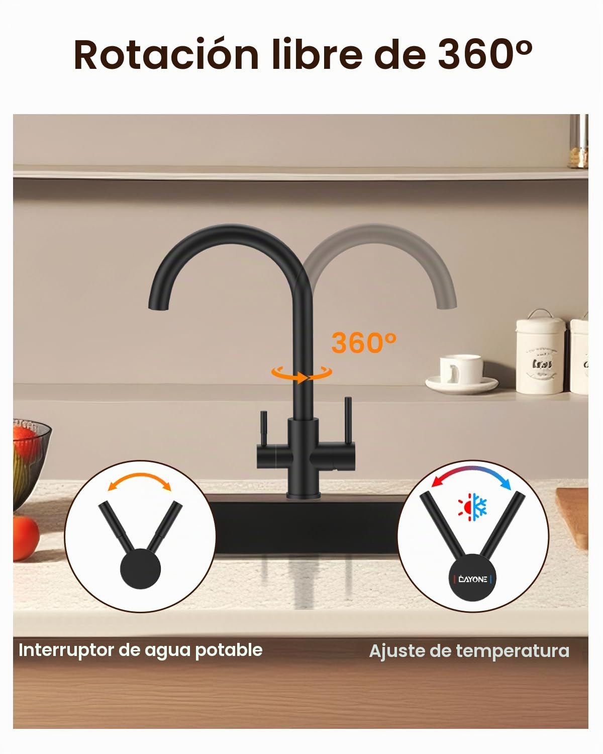 DAYONE Grifo de cocina de 3 vías, Negro Mate Grifo de Agua Potable con 2 Palancas, Grifo Giratorio 360° de Acero Inoxidable, Grifo Mezclador 3 en 1 para Filtro de Agua