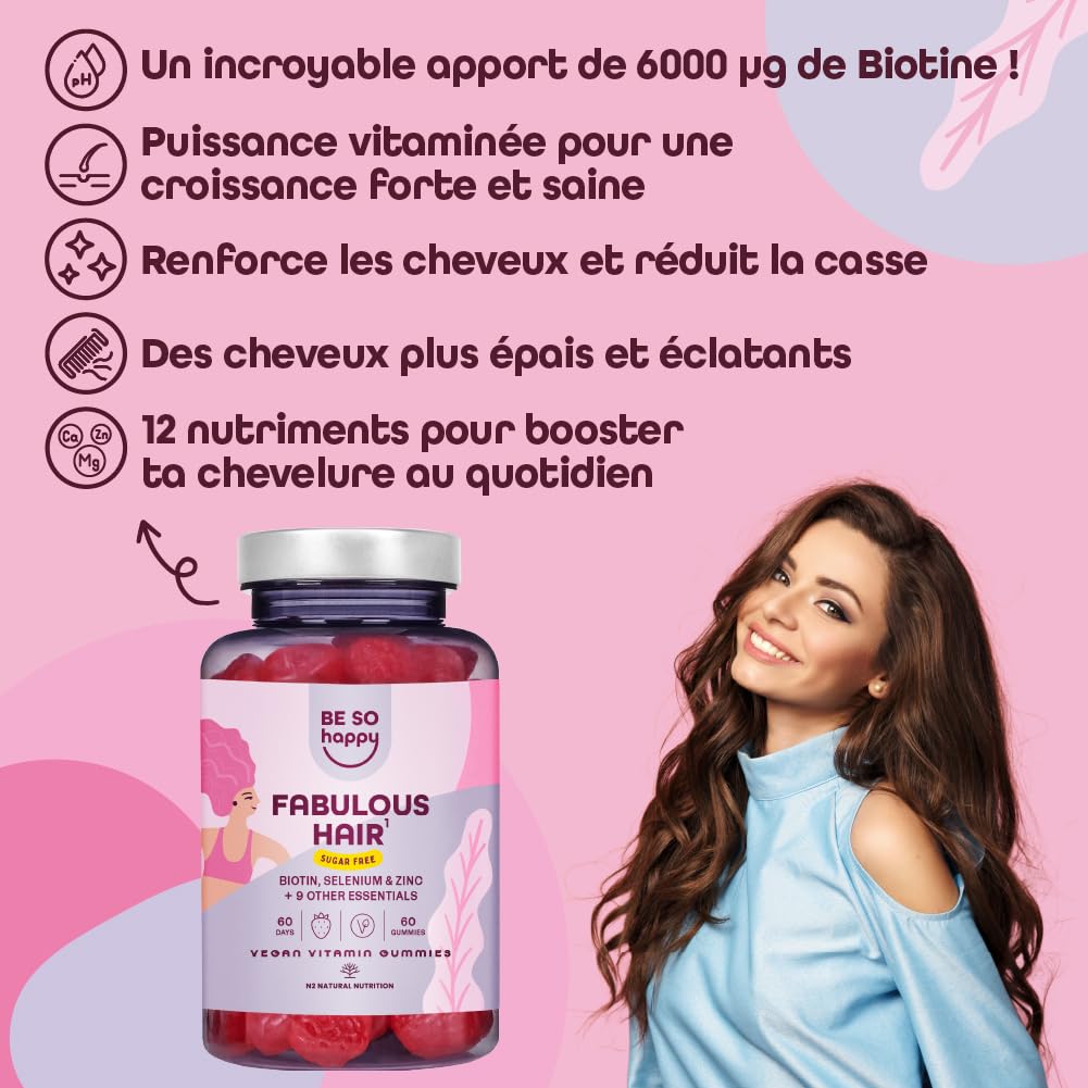 Biotine pour Cheveux | 6000 mcg | Avec Zinc, Sélénium et Vitamines A, B6, B12, C, D, E | Bonbons Goût de Fraise | Approvisionnement de 120 jours | Végétalien, sans Gluten et sans Lactose | BeSoHappy