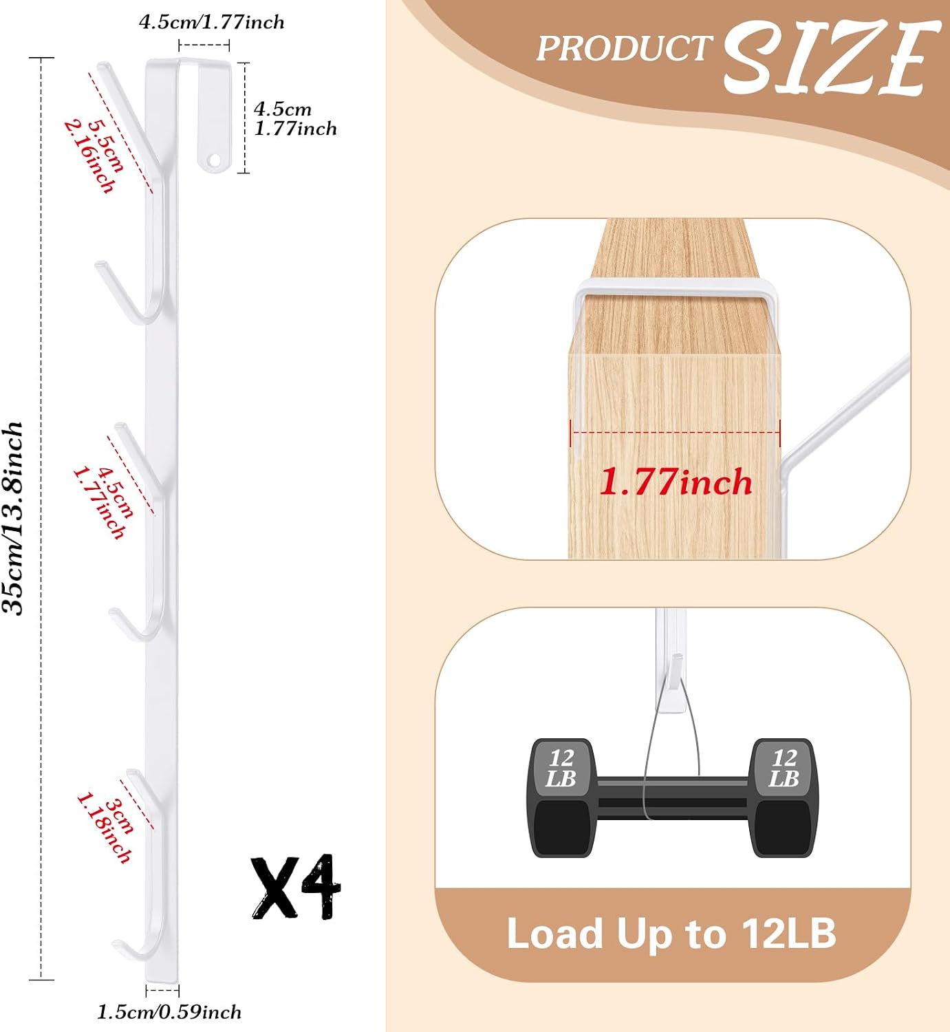 4 Pack over the Door Hooks with 6 Hooks Vertical Door Hanger, White image 2