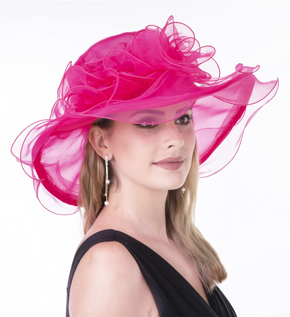 Lucky Leaf Women Kentucky Derby Church Cap Wide Brim Summer Sun Hat for Party Wedding (NF-Rose Red)