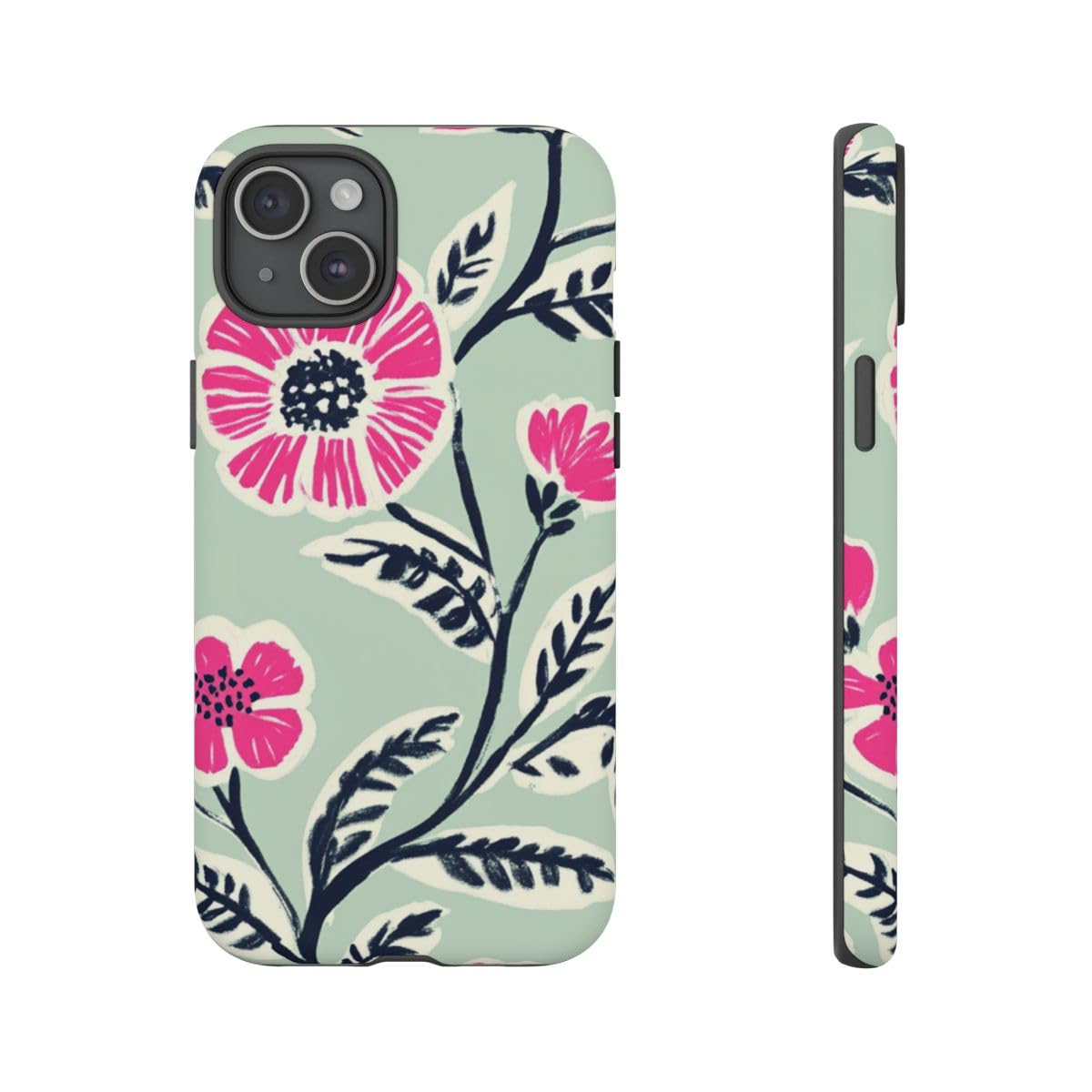 Coque iPhone 15 Plus rigide anti-trace motif fleurs rose menthe