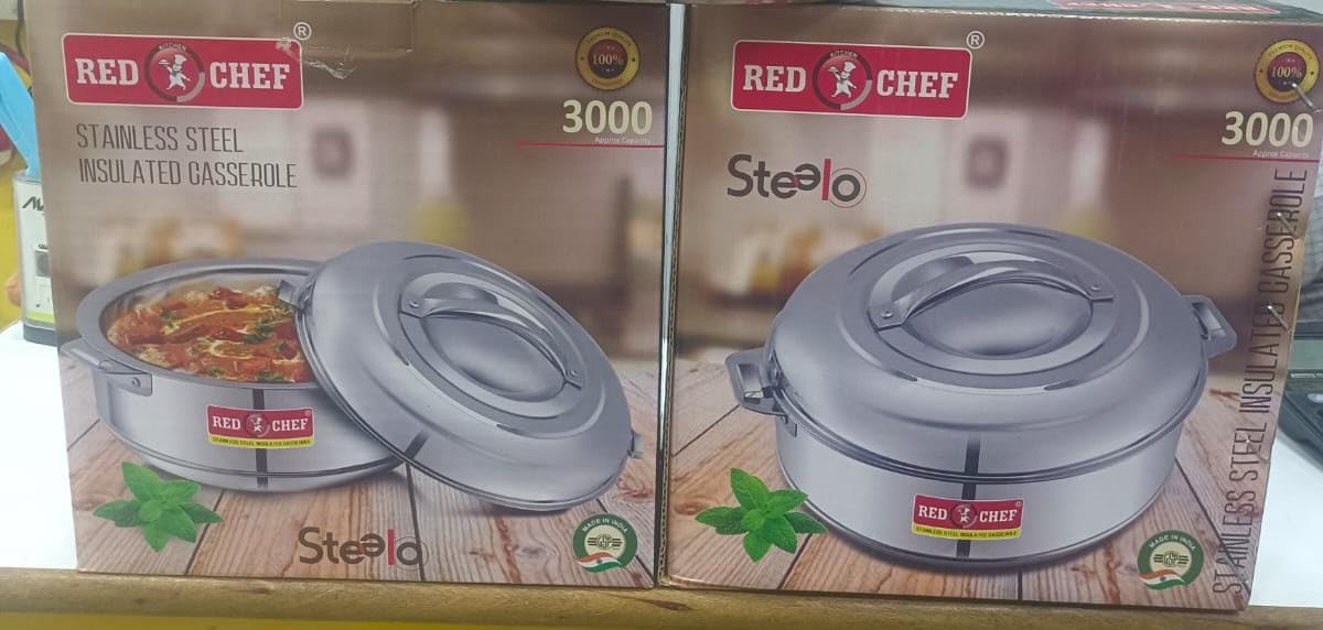 Red Kitchen Chef Stainless Steel Steelo Cassorole | Easy to Carry Hot Boxes for Kitchen | Hot Food, Easy to Store | 3000 ml 4