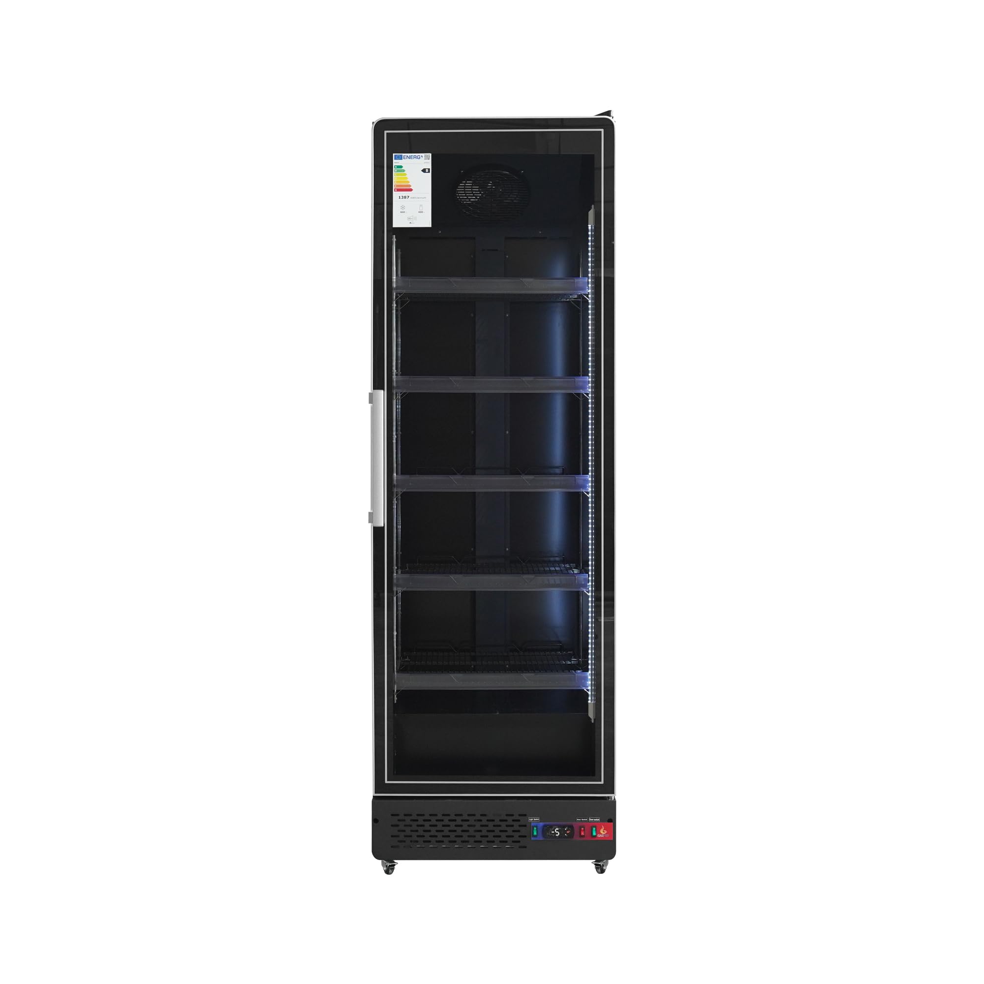 Armario Expositor Refrigerado Profesional | 1 Puerta Cristal, Sub-Zero, 450L, Luz LED Multicolor, Control Digital CAREL, Ventilado, Clase Energética B, Acero Inox Negro