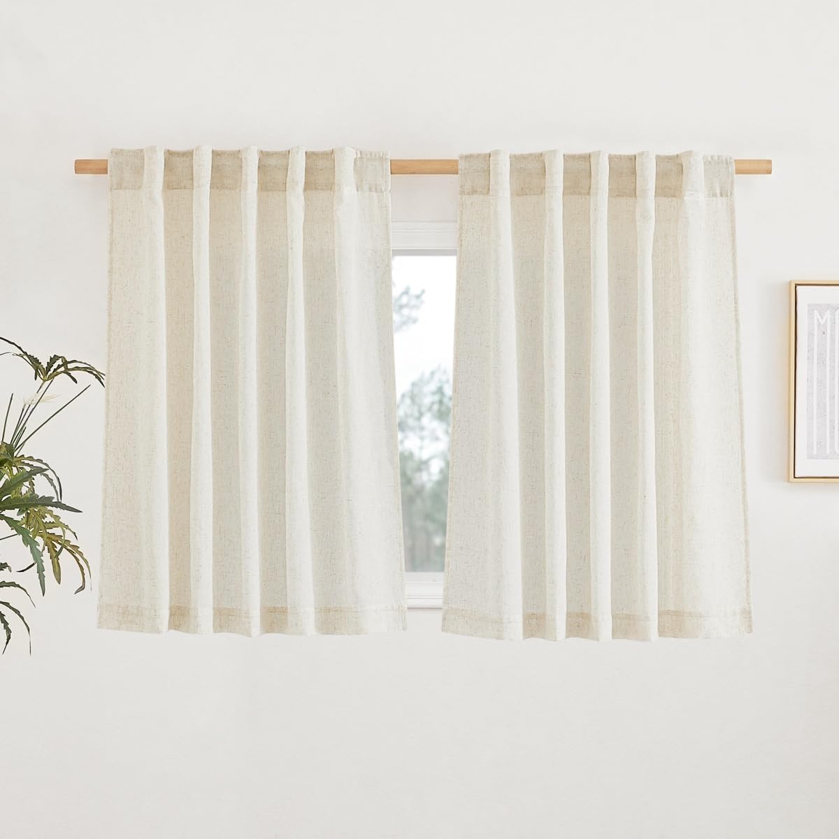 NICETOWN NICETOWN Natural Linen Kitchen Curtains 36 inches Long, Retro Rod Pocket & Back Tab Semi Sheer Privacy Added Window Treatments Light Filtering Drapes for Cafe, W42 x L36, 2 Panels