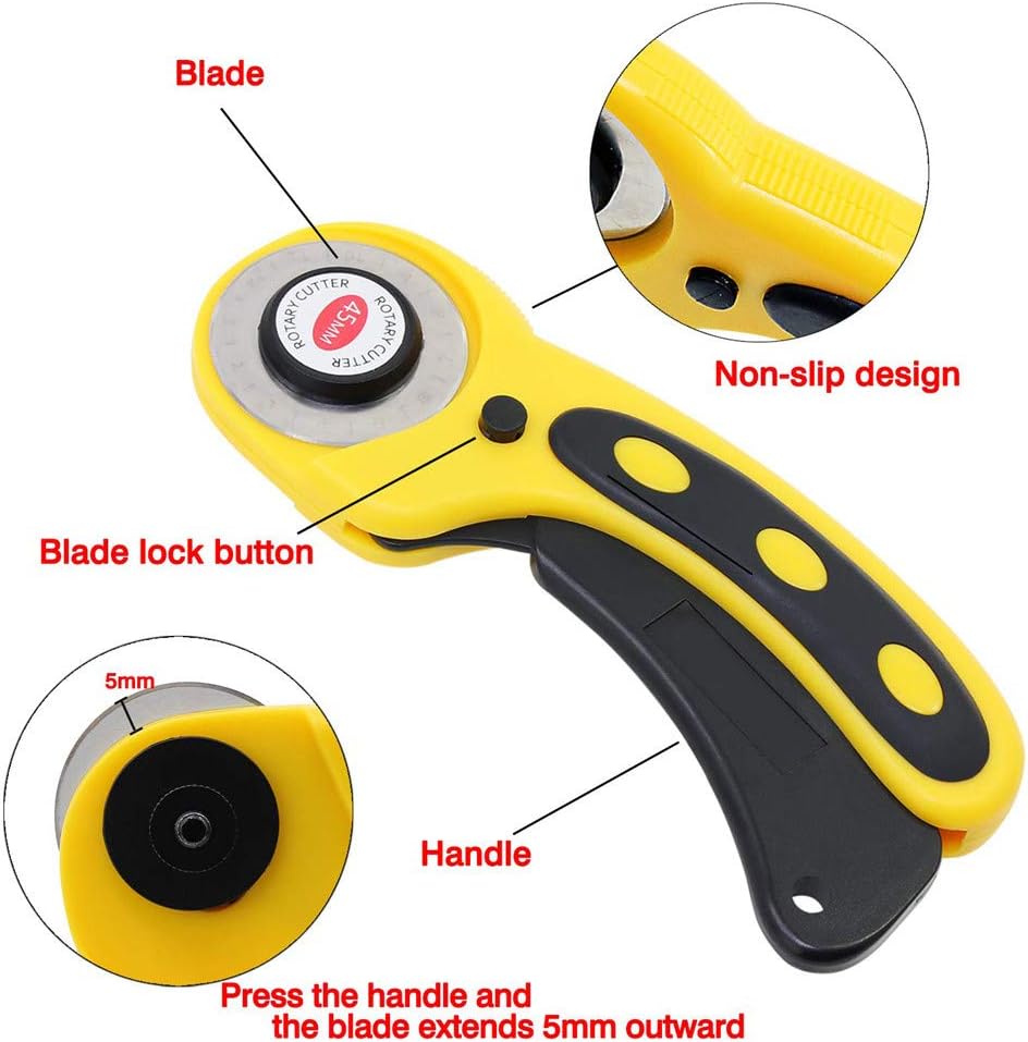 Rotary Cutter with 5 Pcs 45mm Rotary Spare Blade Refill Set - Alloy Steel Blade, Ergonomic Comfortable Grip, Sewing Cutting Tool, for Cutting Fabric Paper Cloth Leather Mat Craft Supplies (Yellow)