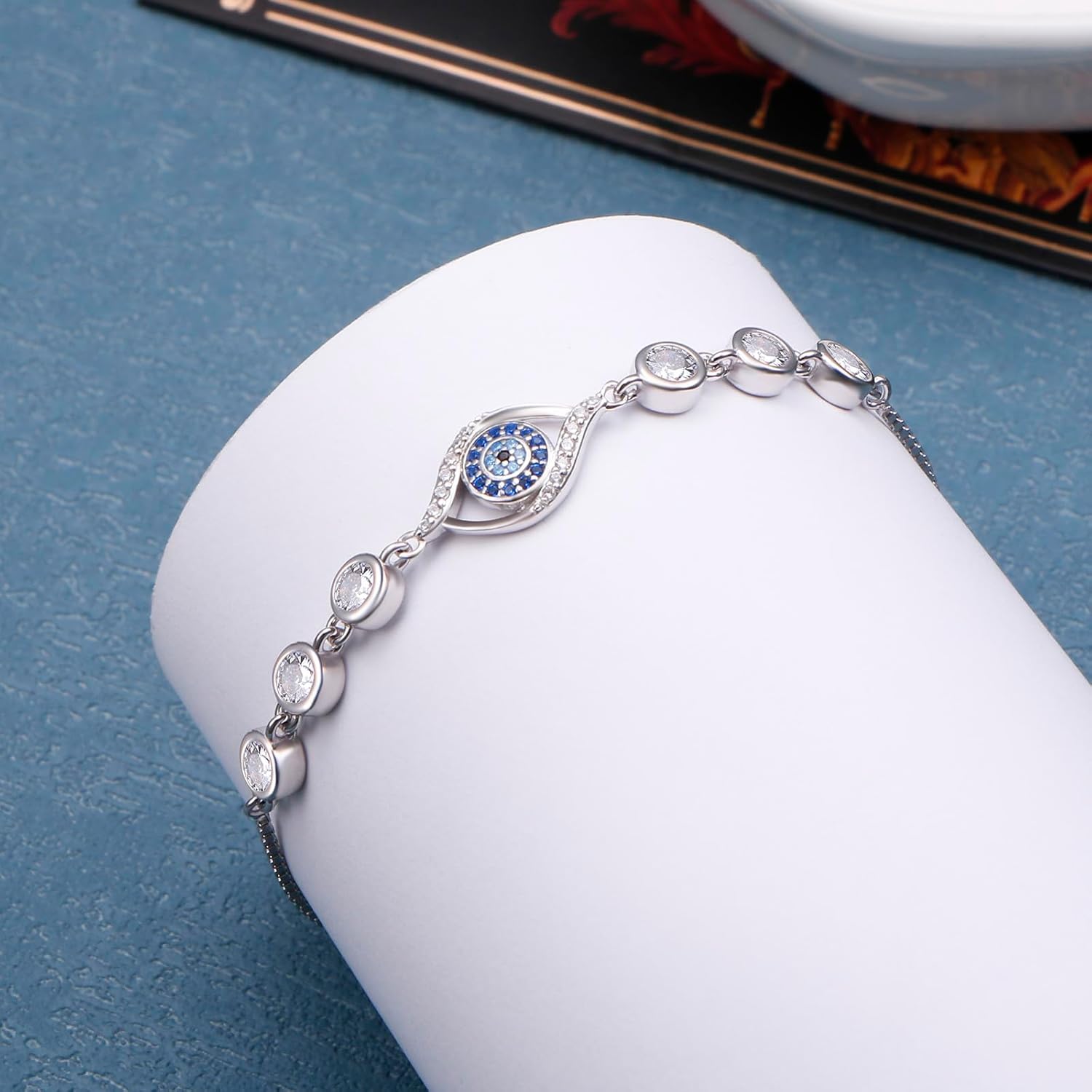 Ladytree Evil Eye Bracelet for Women 925 Sterling Silver Adjustable Blue Evil Eye Silver Bracelet Protection Jewelry Gift - Image 2