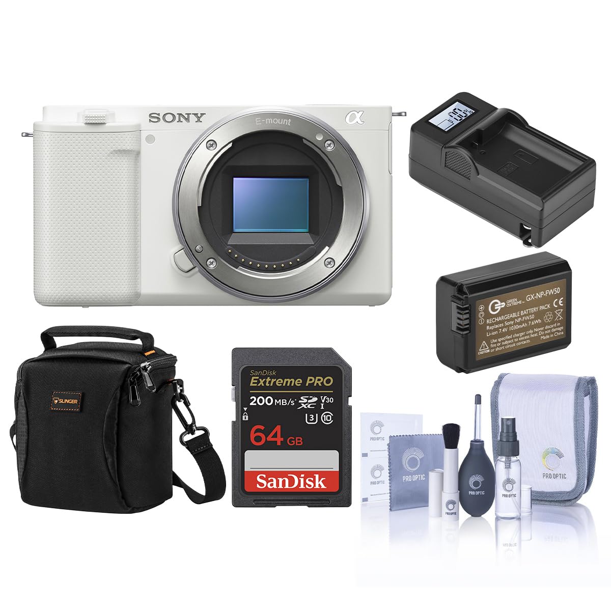 Sony ZV-E10 Mirrorless Camera, White, Bundle with 64GB Memory Card, Li-Ion