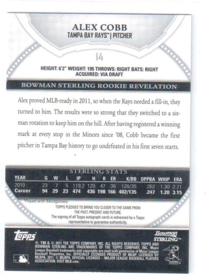 2011 Bowman Sterling #38 Alex Cobb Tampa Bay Rays MLB Baseball Card (RC - Rookie Card) NM-MT