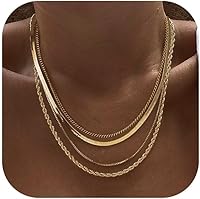 Tewiky Layered Necklaces for Women: 14K Gold Plated Non-Tarnish Herringbone, Cuban, Rope Chain Set - Waterproof Stackable Jewelry