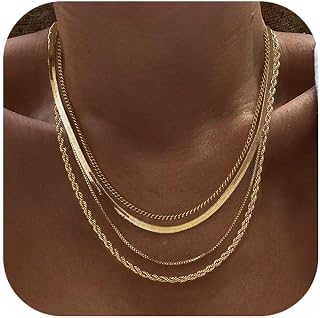Tewiky Layered Necklaces for Women: 14K Gold Plated Non-Tarnish Herringbone, Cuban, Rope Chain Set - Waterproof Stackable Jewelry