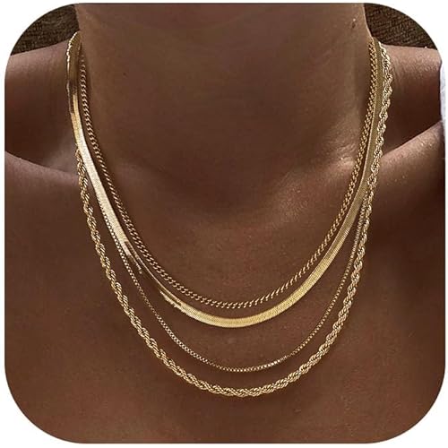 Tewiky Layered Necklaces for Women Non Tarnish- Chunky 14k Gold Plated Herringbone/Snake/Rope/Box/Cuban Link Chain for Women Waterproof Layering Stack Choker Necklace Trendy Dainty Tarnish Free Jewelry Set