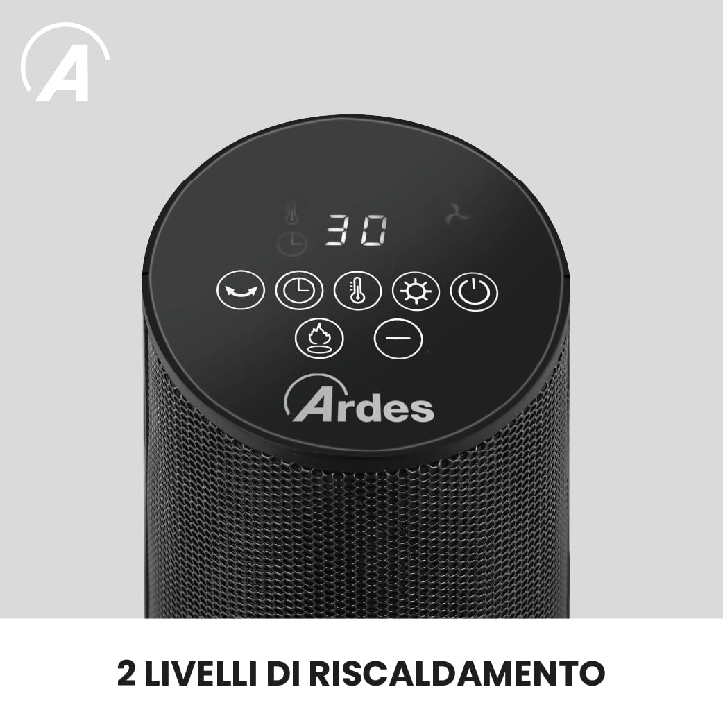 ARDES ATMO AR4P22FP Termoventilatore a torre ceramico 2000 W | pannello touch, telecomando, timer 12 h ed effetto camino per riscaldamento domestico a basso consumo