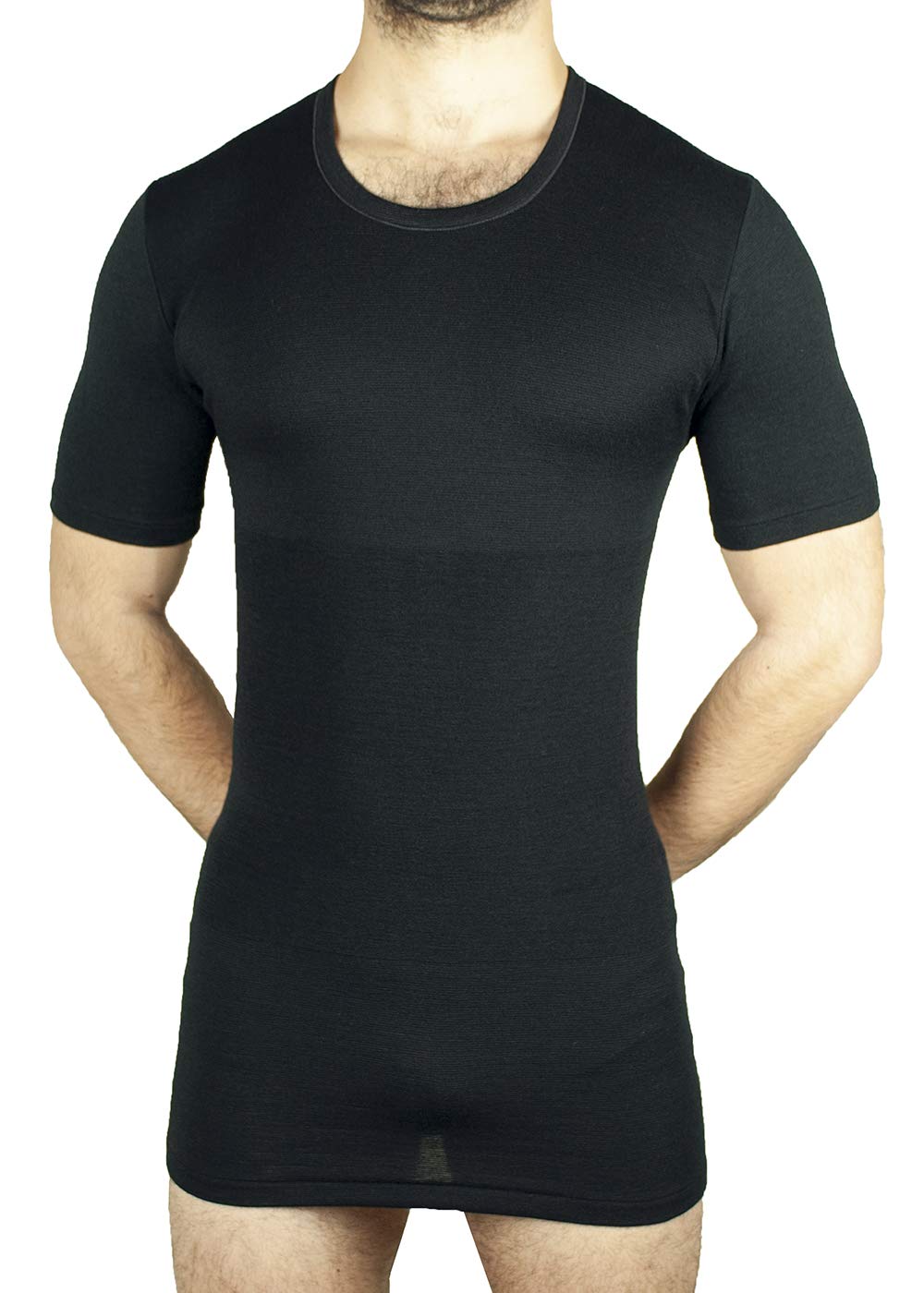 MANIFATTURA BERNINA Form 1005 (taglia 4 nero) - Maglietta termica mezza manica intimo uomo lana e cotone fascia vita incorporata