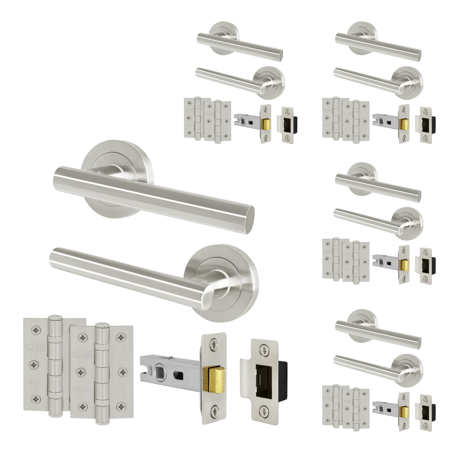 Eai Satin Door Handle Latch Set Nickel - Pack Of 5 | Round T-Bar Internal Door Handles, Latch (64Mm), Hinges (76Mm)| Lever On Rose | Oliena Range