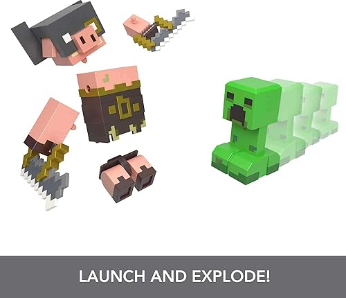 Miniatura 4 de Mattel Minecraft Legends - Figura de acción de 2 unidades, juego de Creeper vs Piglin Bruiser, juguetes coleccionables Attack & React, 3.25 pulgadas