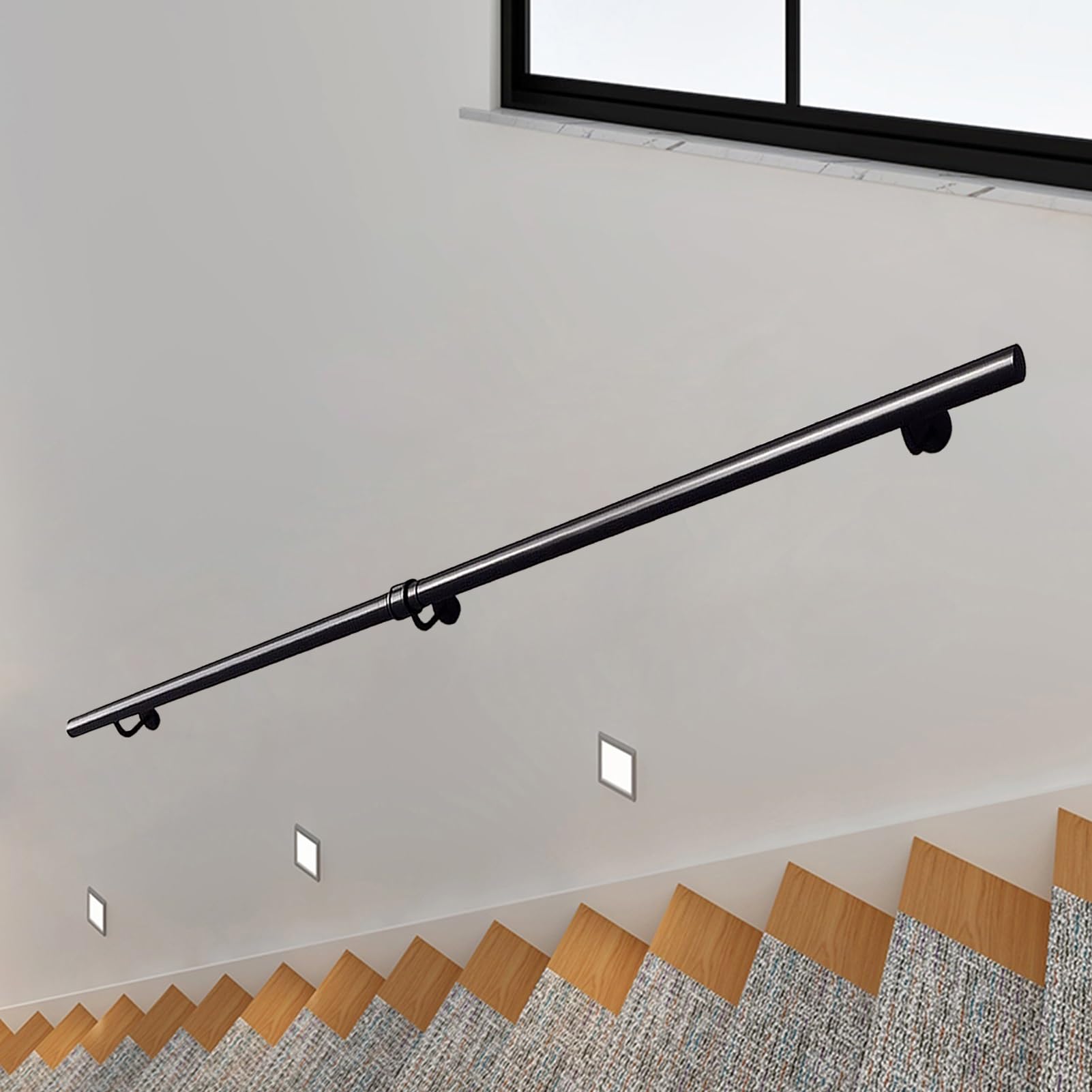 Treppenhandlauf, schwarzes rundes Treppengeländer aus Schmiedeeisen, Sicherheitshandlauf-Stützset mit Wandhalterungen und Metallschrauben, Komplettset(350cm)